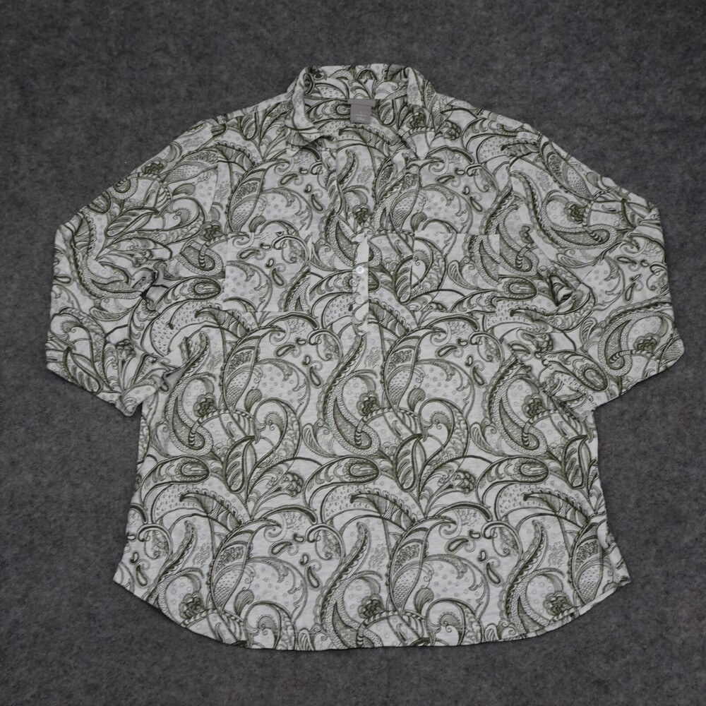 Chicos Top Womens 1 Regular Medium M Green Shirt Pullover Linen Paisley Tee
